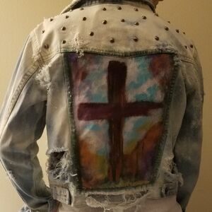 One Of A Kind Studded And Distressed Cropped Denim Jacket